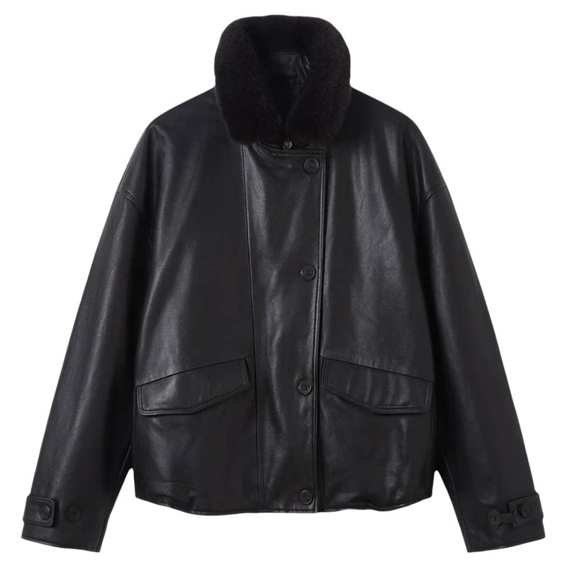 皮毛一体毛领短款翻领羊皮鹅绒服