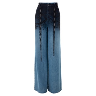 uhot/诱货26春蓝黑渐变水洗阔腿牛仔裤蕾丝蝴蝶印花腰绳UWLS1K038