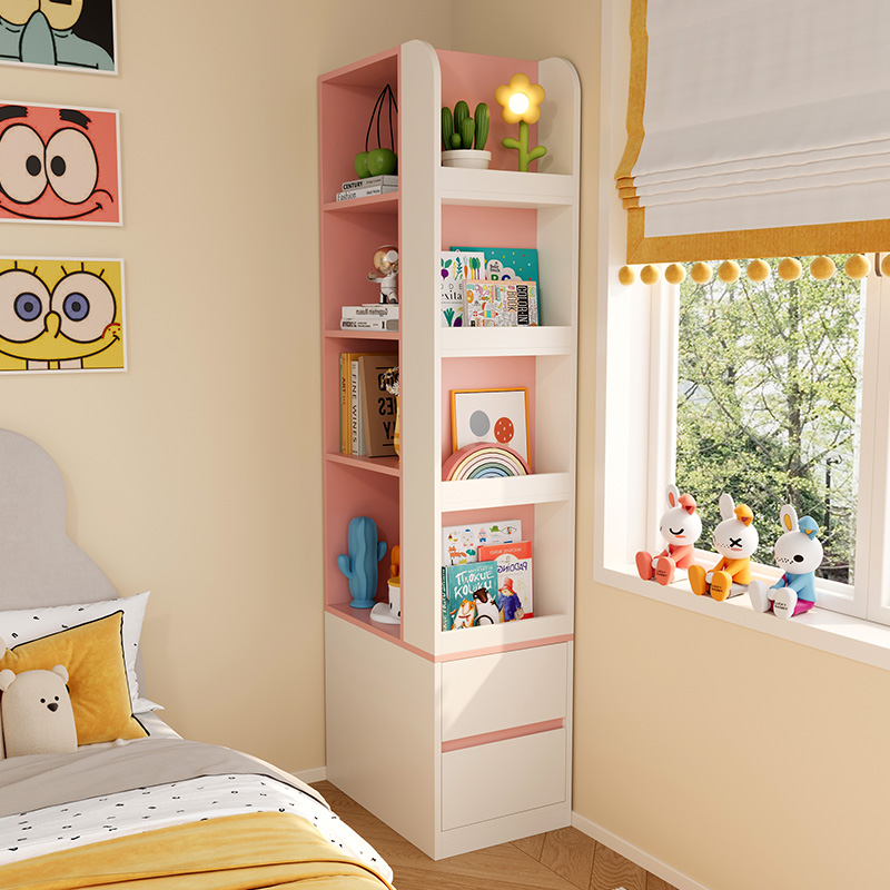 儿童房床头柜书架一体床边置物架女孩卧室多功能落地转角收纳高柜