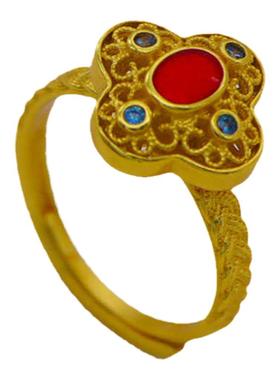 金玉红鸢戒指黄金色花丝锆石高级感婚花丝宫廷风国潮中式复古指环