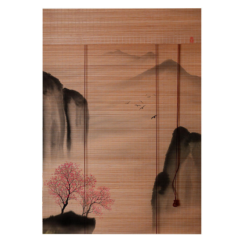 印花竹帘卷帘茶室隔断门帘新中式遮光遮阳国风背景墙装饰挂画窗帘