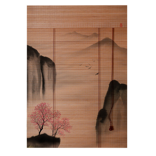 印花竹帘卷帘茶室隔断门帘新中式遮光遮阳国风背景墙装饰挂画窗帘