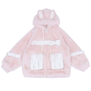 2025冬少女狐狸毛球兔耳朵PU口袋蝴蝶结粉色宽松毛毛夹棉皮草外套