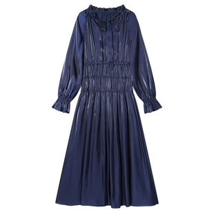 Goodland美地秋季优雅木耳花边拼接V领高腰连衣裙