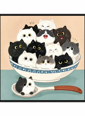一碗萌猫可爱治愈卧室装饰画