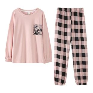 100%纯棉带胸垫睡衣女款2025新款外穿休闲舒适圆领全棉加厚家居服