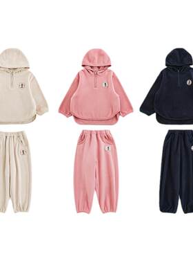 幼悠女童纯色毛绒套装冬季童趣可爱宠物绣章连帽外套宽松休闲裤子