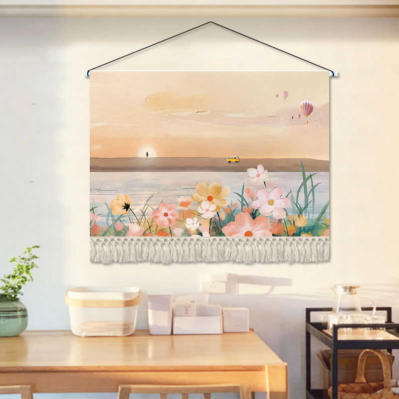 北欧简约花卉挂画65cm45cm配木杆植物花卉壁毯挂毯客厅卧室背景墙