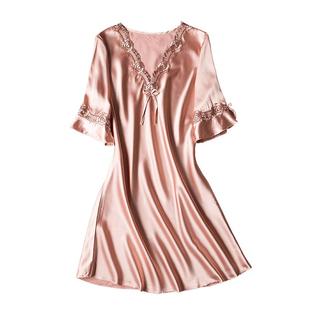 时尚睡裙女夏冰丝中裙家居服连衣裙薄款短袖蕾丝大码甜美丝质睡衣