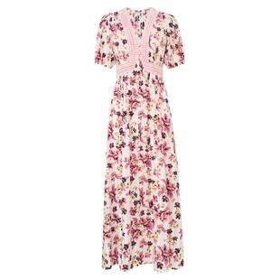 DVF2026春夏新款柔粉鎏金花谱泡泡袖蕾丝拼接肌理棉连衣裙DS1U024