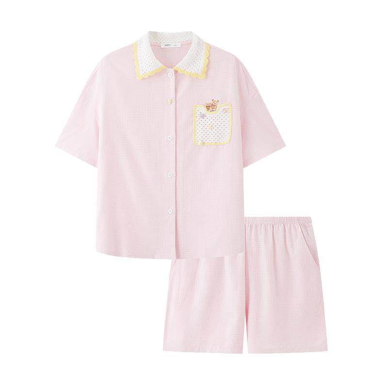 三福女夏季钩织翻领睡衣套装 趣味宽松短袖裤子家居服517999