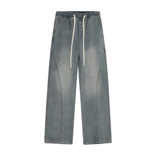 美式复古弯刀牛仔裤男松紧腰抽绳秋冬款宽松直筒加厚阔腿加绒裤子