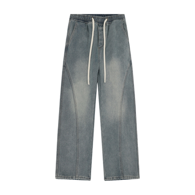 美式复古弯刀牛仔裤男松紧腰抽绳秋冬款宽松直筒加厚阔腿加绒裤子