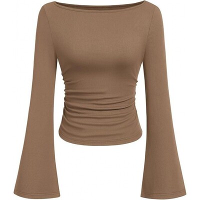 辣妹船领喇叭袖T恤女秋显瘦上衣