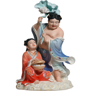 微美陶瓷12至16寸和合二圣神像家居饰品新婚祝福礼品工艺品摆件