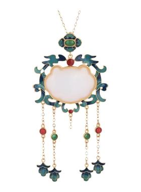 中国风新年配饰古法镀金合成和田玉平安锁如意福袋流苏锁骨项链女