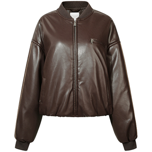 GUUKAHERO复古美拉德飞机员PU皮棉服女冬 罗纹面包服棉衣宽松外套