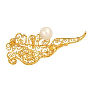 祥云银鎏金胸针非遗手工花丝镂空祥云纹新中式轻奢国风珍珠银胸花