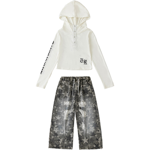 女孩jazz爵士舞服女童洋气连帽露脐上衣练功服街舞现代舞表演出服