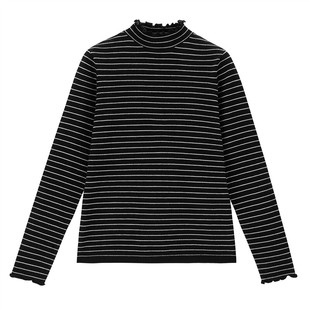 佐丹奴极细针织衫女甜美减龄条纹木耳边小高领针织打底衫13354686