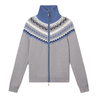 费尔岛提花高翻领针织开衫女秋冬