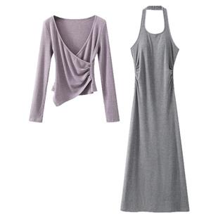 夕蒙2026新款春季韩系气质裙子小个子巨好看独特灰紫连衣裙两件套