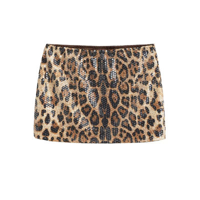 美式辣妹带内衬豹纹亮片半身裙