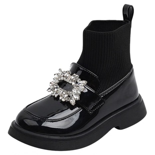 女童靴子2025新款飞织短靴秋冬款棉靴儿童鞋子加绒皮鞋黑色袜子鞋