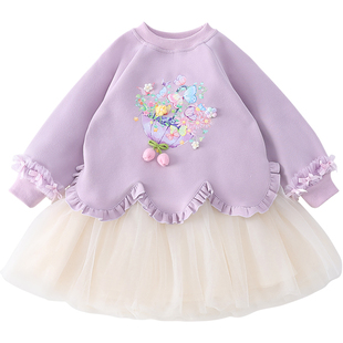 米米哈罗女童连衣裙春装2026新款儿童卡通印花卫衣裙小女孩公主裙