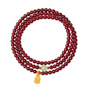 庆祥泰普陀山纯天然石榴石手串全净体和田玉手链女三圈礼盒包装