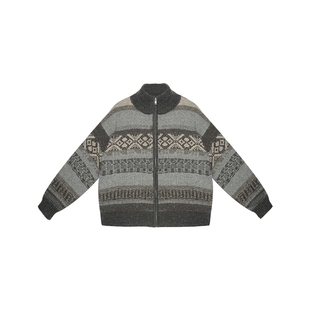 羊毛粗纺纱线 半圆原创女装[复古]2025冬季立领宽松毛衣女提花