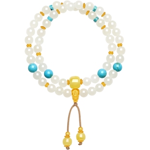 周六福金镶玉足金和田玉福慧顺遂莲花三通双圈手串藏金文玩新年礼