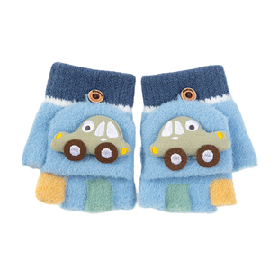 儿童手套秋冬3到6岁男宝宝保暖翻盖半指男童冬天写字五指针织手套