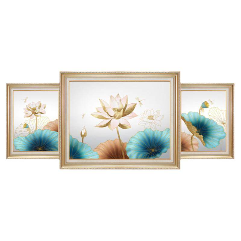 沙发背景墙画中古风和气生财荷花挂画欧式高级感客厅装饰画三联画