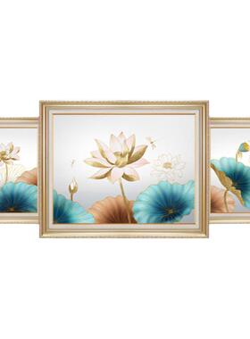 沙发背景墙画中古风和气生财荷花挂画欧式高级感客厅装饰画三联画