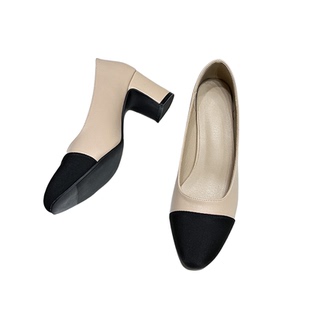 羊皮拼色小香风粗跟单鞋女中跟夏2023法式平跟女瓢鞋小码高跟女鞋