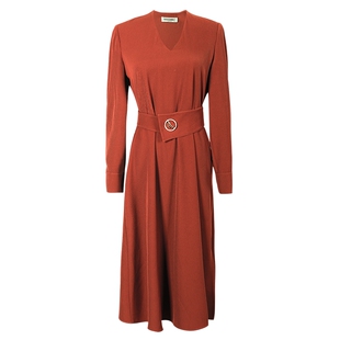 米思阳2026春季新款气质通勤纯色大摆连衣裙V领长袖中长裙0159