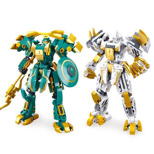 小鲁班积木山海经国潮机甲朱雀白虎双变形机器人模型儿童拼装玩具