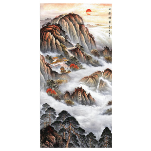 竖版泰山日出靠山图无水山水画国画水墨山水画玄关中式挂画微喷