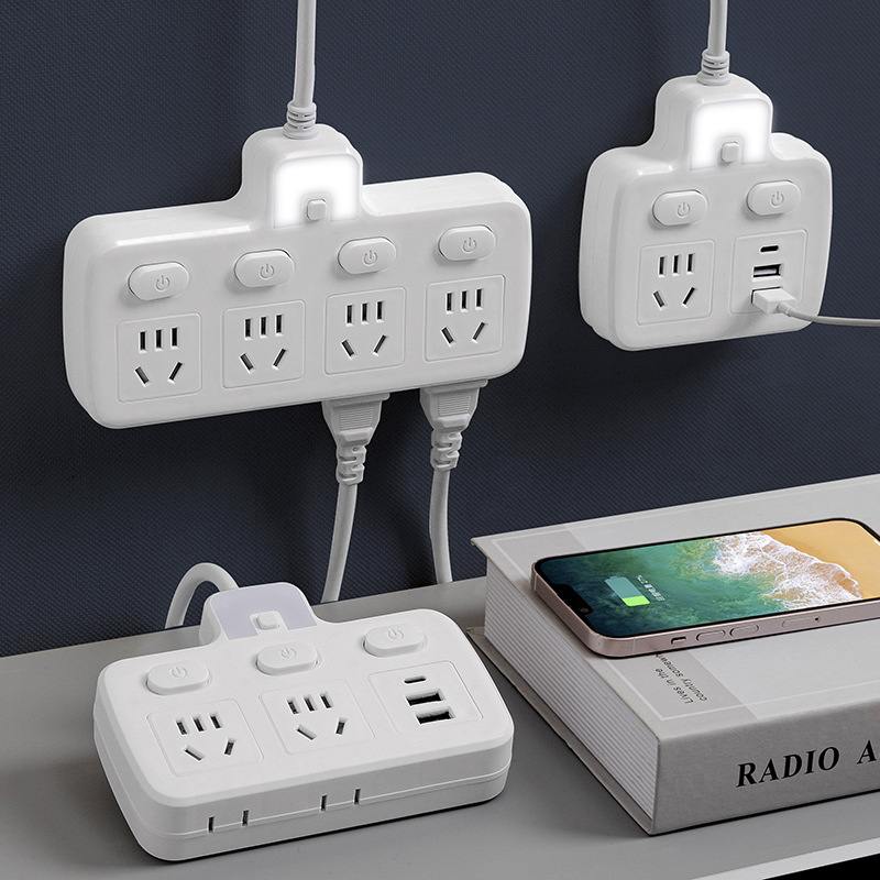 儒雅插座板一转多开关侧边接线板带长线USB多插多功能转换器排插