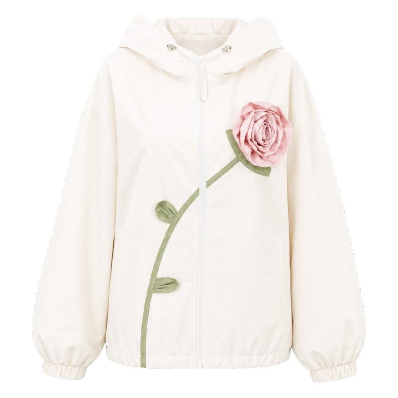 KEIKO温柔玫瑰花朵抽绳连帽外套