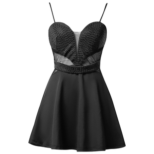 2026吊带性感白色贴钻短裙显瘦低胸连衣裙女技师按摩工衣黑色礼服