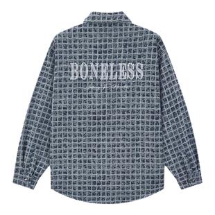 BONELESS小香风长袖衬衫外套刺绣logo翻领宽松上衣潮牌格子衬衣