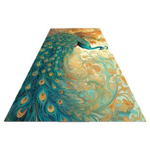床边地毯家用长条新中式卧室床前短毛绒地垫孔雀荷花九鱼飘窗毯子
