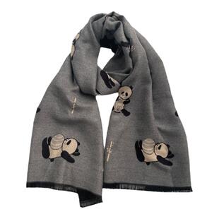 盈妹原创熊猫物语卡通简约百搭保暖灰色围脖女冬季外搭长款围巾男