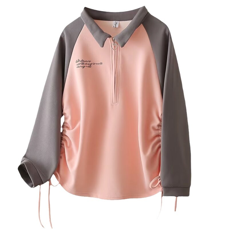 大码胖mm正肩复古撞色美式卫衣女早秋薄款2024新款慵懒风宽松上衣