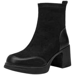 大东女靴时装靴2025冬季新款复古绒面粗高跟女短靴圆头通勤侧拉链