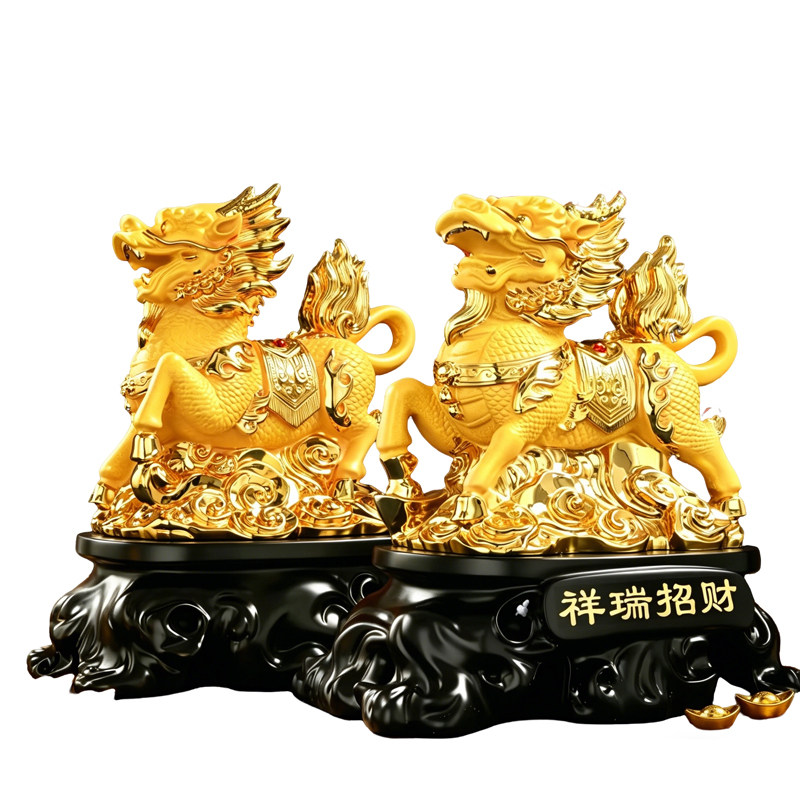 绒沙金麒麟招财公母一对摆件