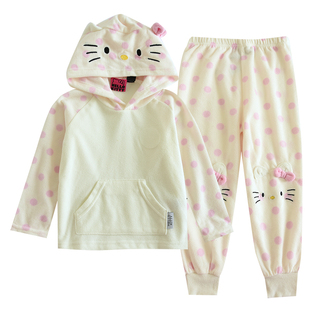 儿童秋冬摇粒绒简约双面绒睡衣套女童卡通可爱小猫休闲家居睡衣套
