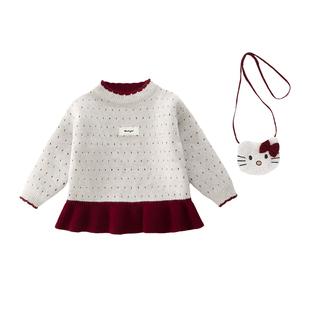 女童卡通毛衣波点小女孩花边针织衫加厚一体绒儿童加绒保暖毛线衣